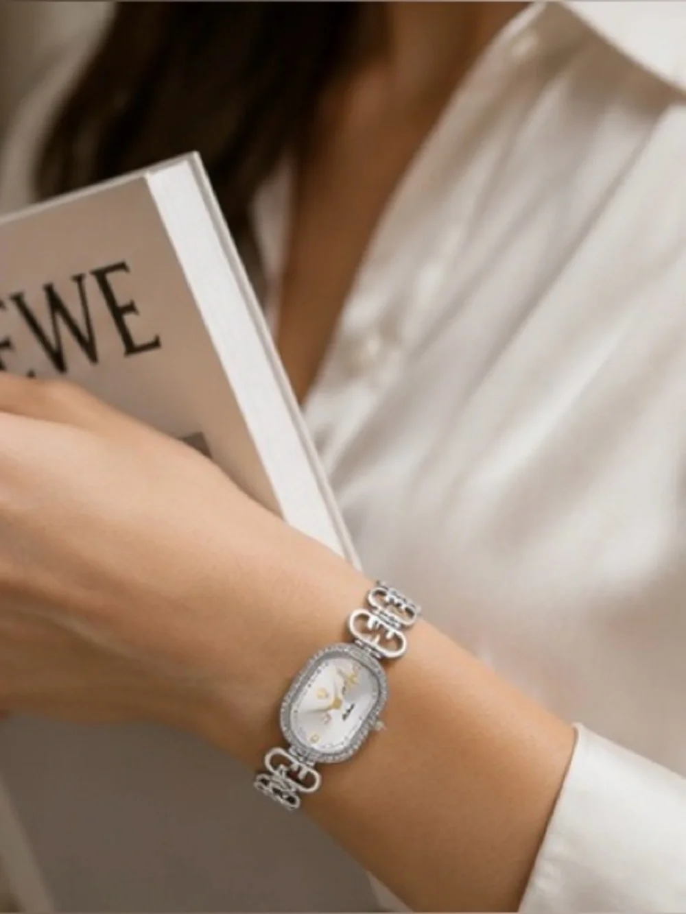 Silver Oval Crystal Bracelet Watch | Elegant Rhinestone Dress Watch for Women